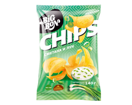 Картофельные чипсы BIGBON CHIPS со вкусом Сметана и лук, 140г Картофельные чипсы BIGBON CHIPS со вкусом Сметана и лук, 140г