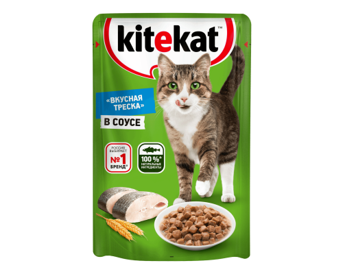 Kitekat влажный корм для кошек, Вкусная треска в соусе, 85г 