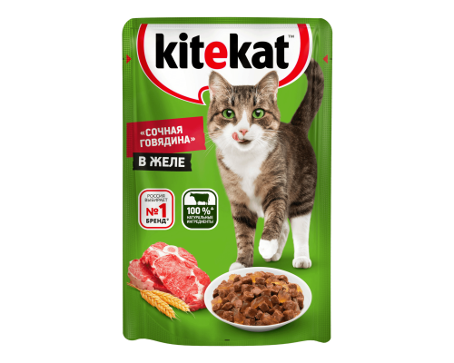 Kitekat влажный корм для кошек, Сочная говядина в желе, 85г 