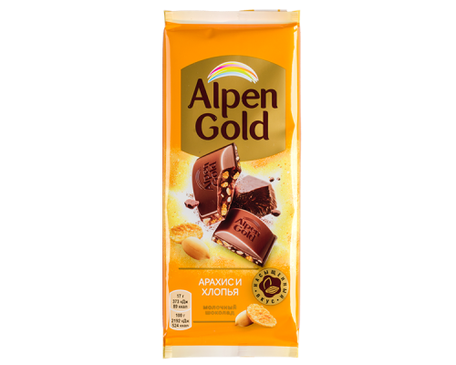 Шоколад Alpen Gold молочный, арахис и кукурузные хлопья, 85 г