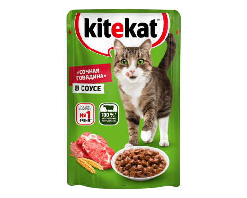 Kitekat влажный корм для кошек, Сочная говядина в соусе, 85г 